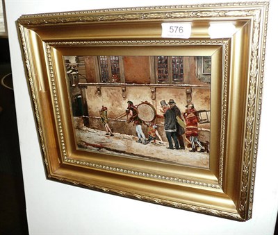 Lot 576 - A framed oil on board, band members on a snowy street signed R. Wessenbock