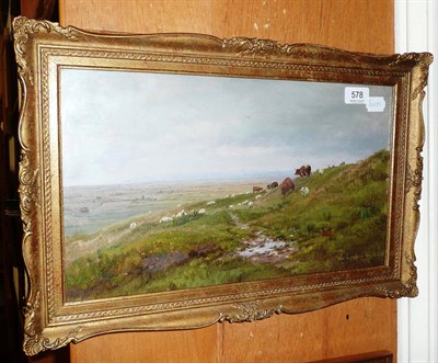 Lot 578 - Framed oil, cattle and sheep grazing in a landscape, monogrammed W. L. dated 1878