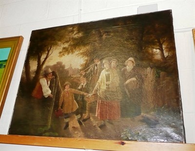 Lot 582 - Large 19th century unframed oil painting depicting a family walking down a country lane