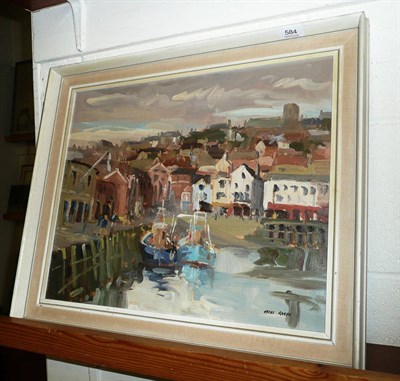 Lot 584 - Framed oil on board, view of Scarborough Harbour by Angus Rands