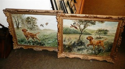 Lot 595 - Pair of Henry Wilkinson oils of gun dogs and pheasants in a landscape