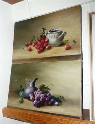 Lot 599 - Two oils - fruits and a flower and a watercolour (3)