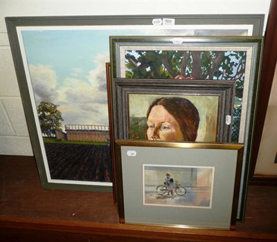 Lot 603 - Various pictures and prints including a modern framed oil on board of a farmer and sheep dog in...