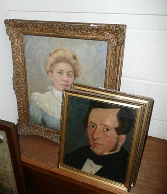 Lot 604 - Gilt framed oil on board, portrait of a lady, indistinctly signed and a pair of 19th century...