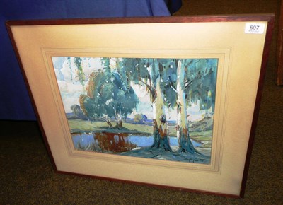 Lot 607 - Sydney Carter (1874-1945), Gum trees beside a pond, signed, pencil and watercolour heightened...