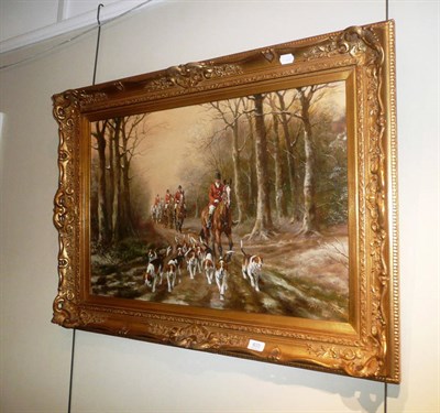 Lot 633 - Three Collins 'Hunting scene' oil on canvas within a gilt frame