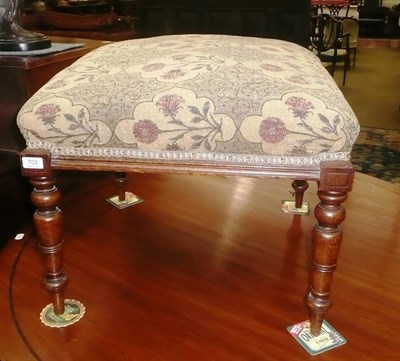 Lot 703 - Victorian oak framed dressing stool with upholstered seat and ring turned tapering legs, 61cms...