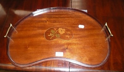 Lot 717 - Late 19th century mahogany kidney shaped galleried tray with brass handles and floral marquetry...