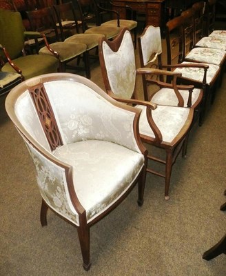 Lot 737 - An Edwardian inlaid tub armchair and two open arm chairs, all upholstered in a pale green damask