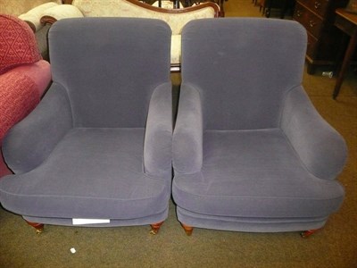 Lot 741 - A pair of modern Victorian style blue upholstered armchairs