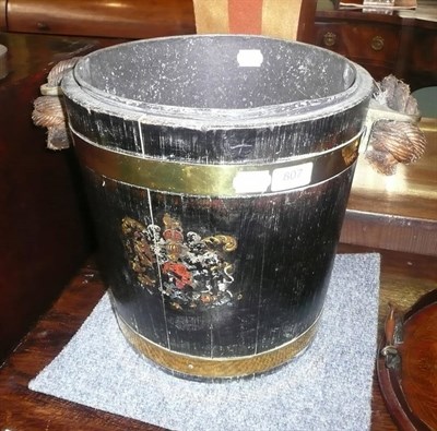 Lot 807 - Staved oak bucket with rope handle and painted coat of arms