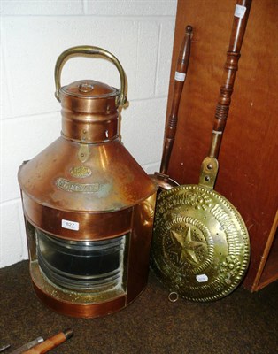 Lot 827 - A pair of copper ships lamps and two warming pans