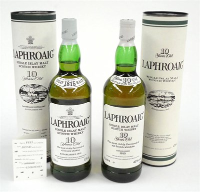 Lot 1002 - Laphroaig 10 Year Old, Single Islay Malt Scotch Whisky, 1 Litre, 40% Vol. (x2) (two bottles),...