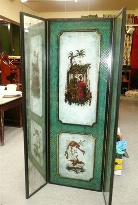 Lot 1133 - Mirrored three fold screen with ebonised frame and chinoserie decoration