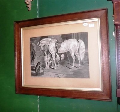 Lot 1235 - Pair of oak framed pictures stable interior scenes signed M. Handcock dated 1876; a grey hunter...