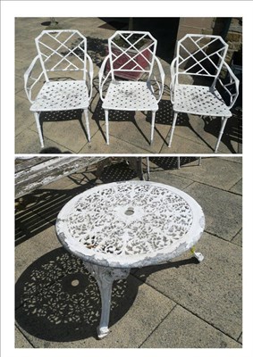 Lot 1310 - A set of six Regency style white painted aluminium garden chairs (a.f.) and a tripod table (7)