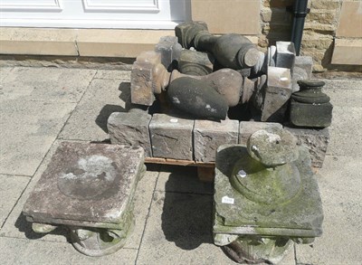 Lot 1318 - Two stone column tops and composition stone balustrades