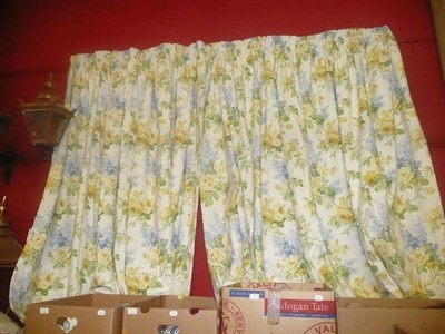 Lot 1257A - Pair of yellow rose and blue delphinium floral cotton curtains (lined and interlined) and...