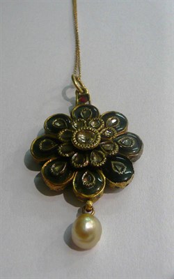 Lot 8 - A diamond set and enamelled pendant on chain in fitted case