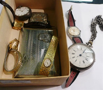 Lot 12 - Two silver pocket watches, silver watch chain, silver vesta case, cigarette case and four...