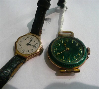 Lot 27 - A lady's green enamelled wristwatch (a.f.) and a 9ct gold lady's wristwatch (2)