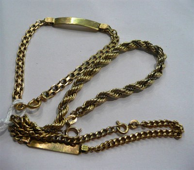 Lot 47 - A 9ct gold rope and box bracelet and two identity bracelets
