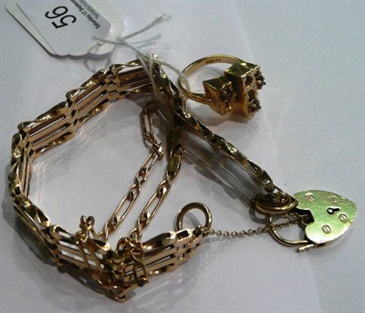 Lot 56 - A 9ct gold gate bracelet, a 9ct gold ring, a bracelet and a pair of earrings