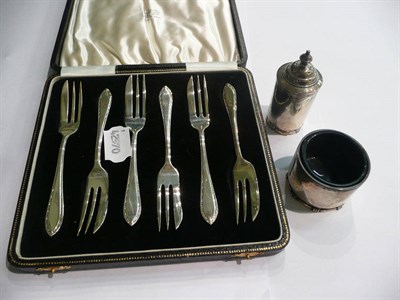 Lot 68 - Six silver pastry forks, a salt and a pepper, 5oz approx
