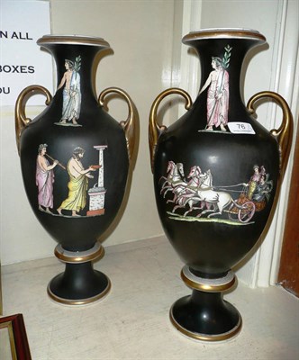 Lot 76 - Shelf including 1960`s Portmeirion storage jars and a pair of Grecian style twin handled vases