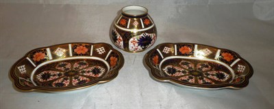 Lot 83 - A pair of shaped Royal Crown Derby dishes and a Royal Crown Derby vase