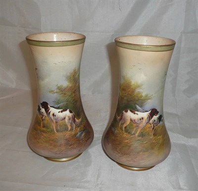 Lot 95 - Pair of Crown Devon vases painted with gun dogs by Hinton