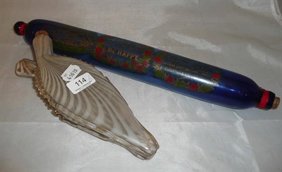 Lot 114 - A 19th century blue glass rolling pin and a Victorian Nailsea glass double bottle