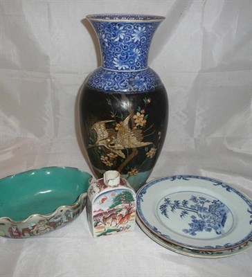 Lot 138 - Japanese blue and white vase with overlaid cloisonné decoration, two famille rose plates, a...
