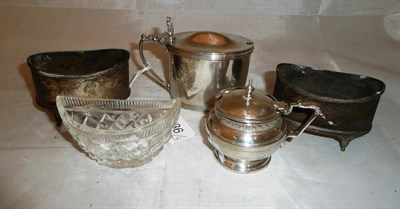 Lot 186 - A Georgian silver mustard, another, two white metal salts and a cut glass salt; weight (including a