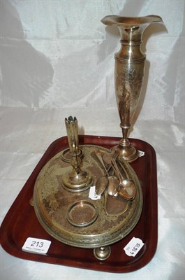 Lot 213 - Quantity of silver spoons, plated desk stand, white metal vase, etc; weight (silver spoons...