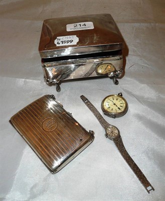 Lot 214 - Silver cigarette case and hinged box, pocket watch and a wristwatch