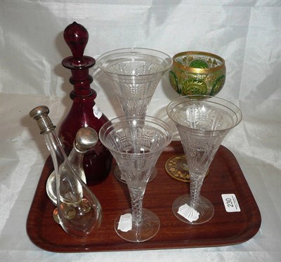 Lot 230 - Three modern graduated wine glasses with mercury air twist stems, a Bohemian hock glass, a ruby...