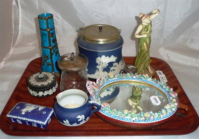 Lot 242 - A tray including a floral mirror with blue cross swords, glass jar with silver lid, Royal Worcester