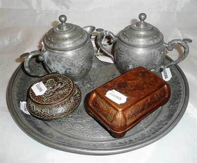 Lot 248 - A Chinese zinc tea tray, circular, and matching milk jug and cover, and sugar basin and cover,...