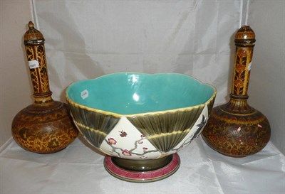 Lot 265 - A pair of Continental bottle vases and a Majolica type bowl