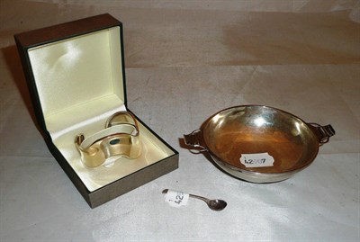 Lot 279 - A silver quaich, silver mustard spoon and a bangle stamped '925', 3oz approx