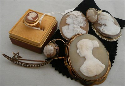 Lot 280 - A 9ct gold cameo ring, cameo brooches and other cameo rings, and a seed pearl set brooch