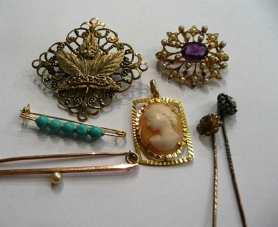 Lot 21 - A 9ct gold, amethyst and seed pearl brooch, four others and two stick pins