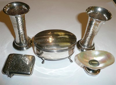Lot 53 - Pair of silver small trumpet vases (weighted), a trinket box, a vesta case, a silver mounted...