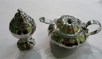 Lot 55 - 19th century silver mustard pot, with associated fiddle pattern spoon, with pedestal pepperette (3)