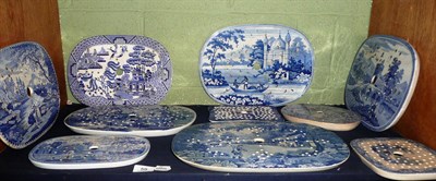 Lot 59 - Ten blue and white transfer printed, meat plate drainers *