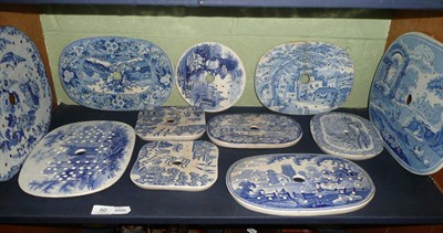 Lot 60 - Eleven blue and white transfer printed, meat plate drainers *