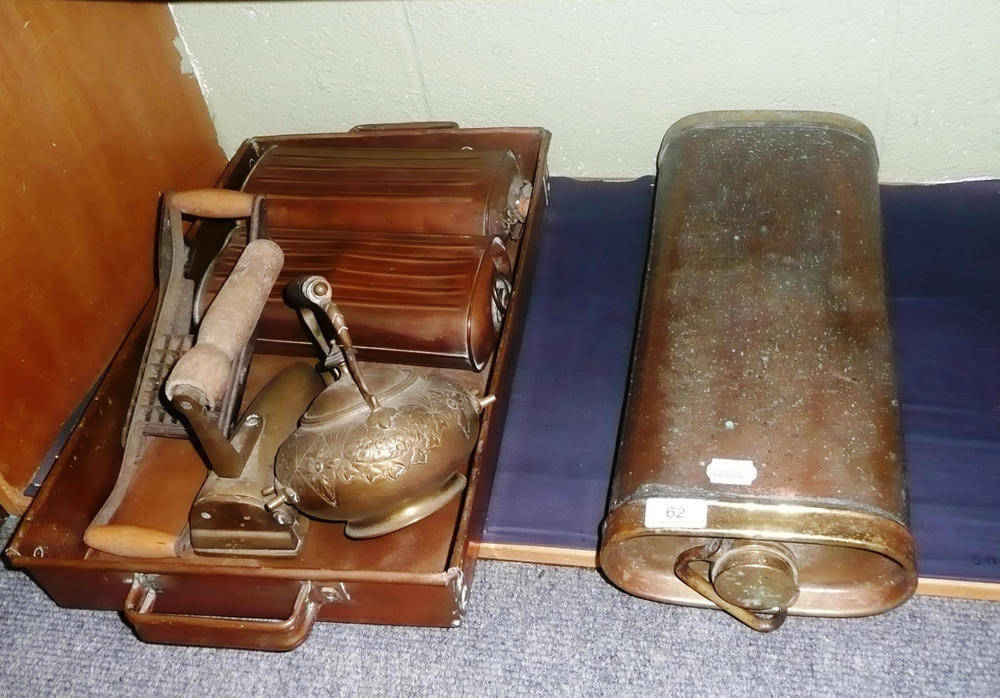 Lot 62 - Copper twin handled tray/fish kettle, copper hot water bottles, etc *