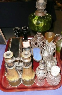 Lot 108 - Tray including oil lamp, papier maché box, binoculars, silver topped bottles etc *