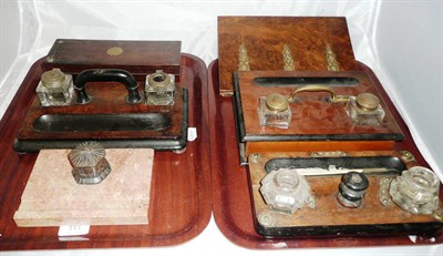 Lot 111 - Two trays of ink stands and a walnut blotter *